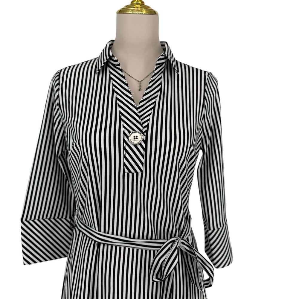 Striped Shirt Dress S Black White Belted Mlle Gabrielle Career Office Academia - Picture 3 of 16